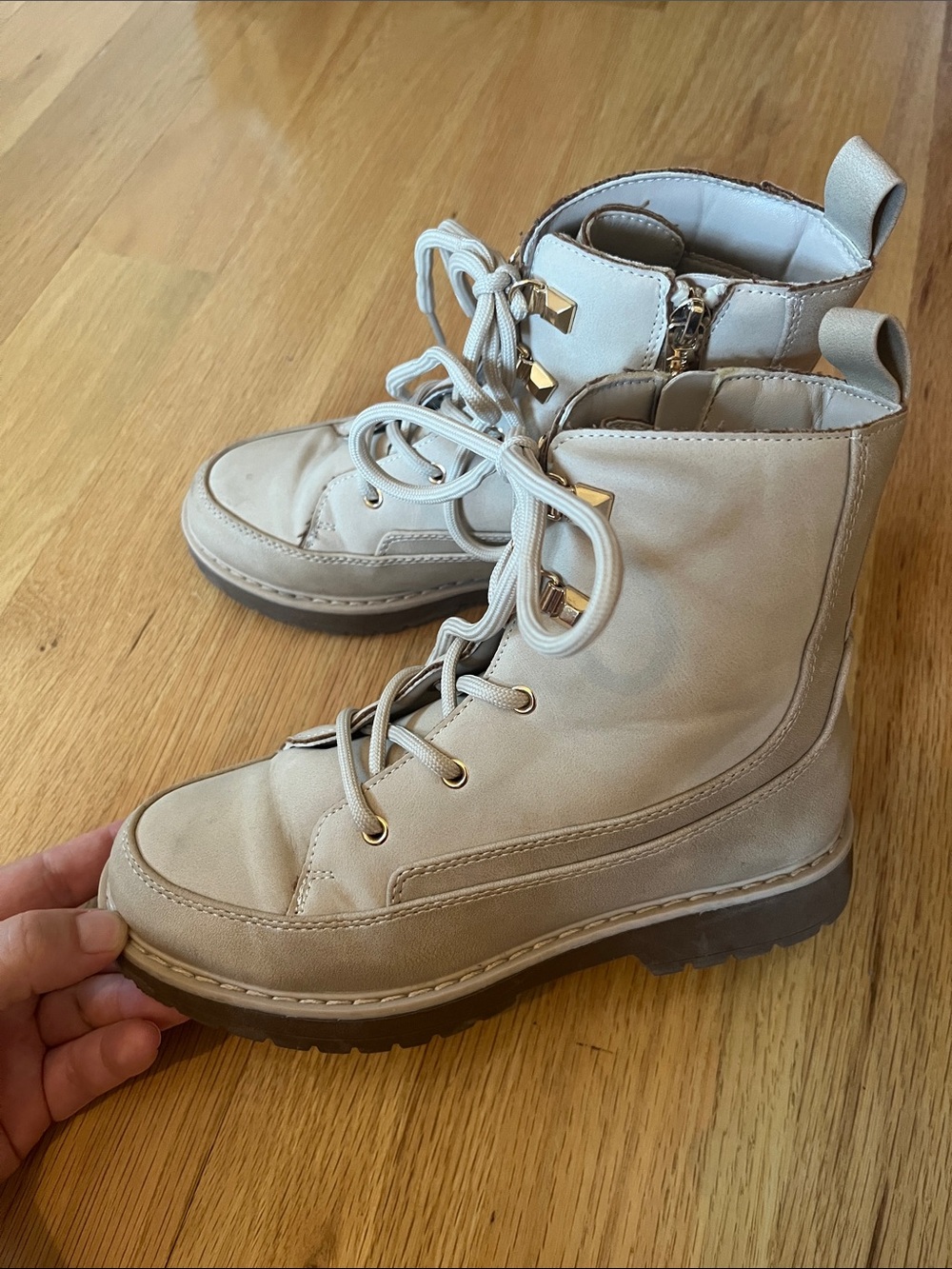 Marc Fisher “Jade Emma” Kids Lace-Up Ankle Boots in Light Beige